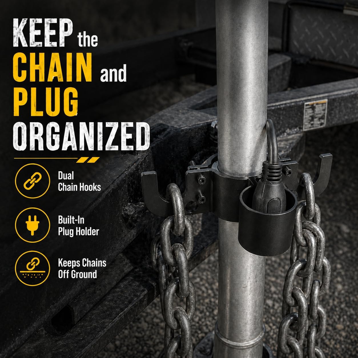Aluminum Trailer Chain Holder with 7 Way Plug Holder Mount,Towing Chain Organizer for 2 in and 2.25 in Tongue Jack Tubes,RV Camper Travel Trailer Accessories