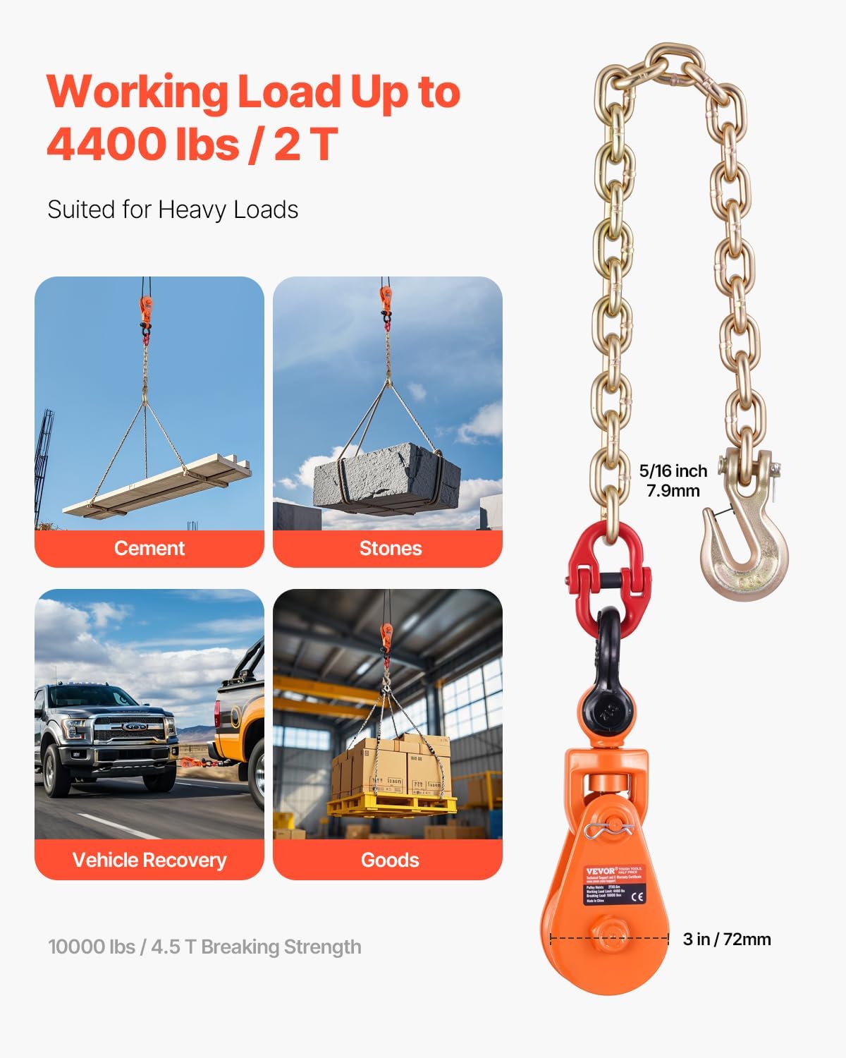 VEVOR 2 Ton Snatch Block with G80 Chain, Swivel Shackle, 3" Sheave for 3/8" Wire Rope, Snatch Block Pulley for Towing and Recovery Applications on Flatbed Tow Truck Rollback Wrecker Car Carrier Cable