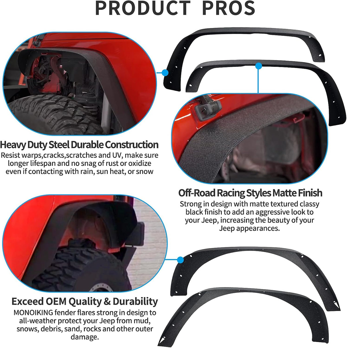 monoking 4pcs flat fender flares for 2007-2018 wrangler shown in use
