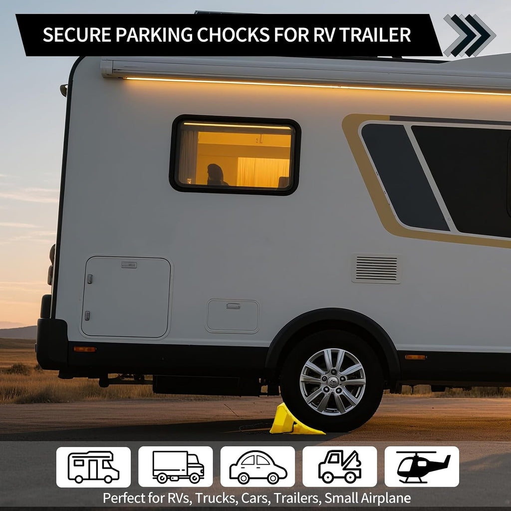 4 Pack Wheel Chocks, Wheel Chocks with Rope, Plastic Hard Wheel Stoppers Block for Camper Cars, RV Trailer, Trucks (Yellow)