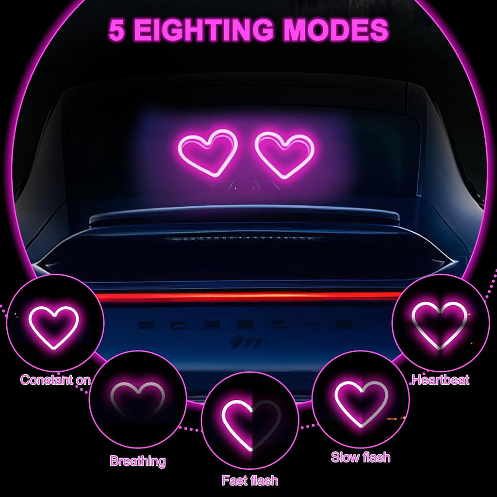 2Pcs Solar Powered Heart Shape Car Ambient Light, Pink LED Neon Light for Car Back Window Decoration, 5 Modes, Romantic Gift for Christmas Valentine's Day