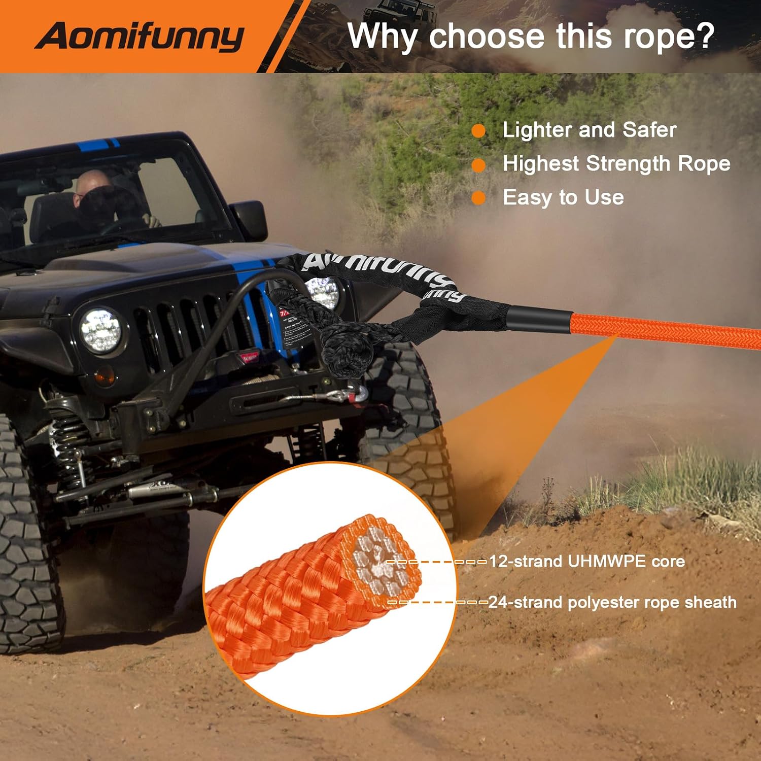 7/16" x 30ft UHMWPE Tow Rope, 31,200 Lbs Break Strength, Heavy Duty Tow Strap Recovery Kit for ATV, UTV, SUV, Cars（Orange）