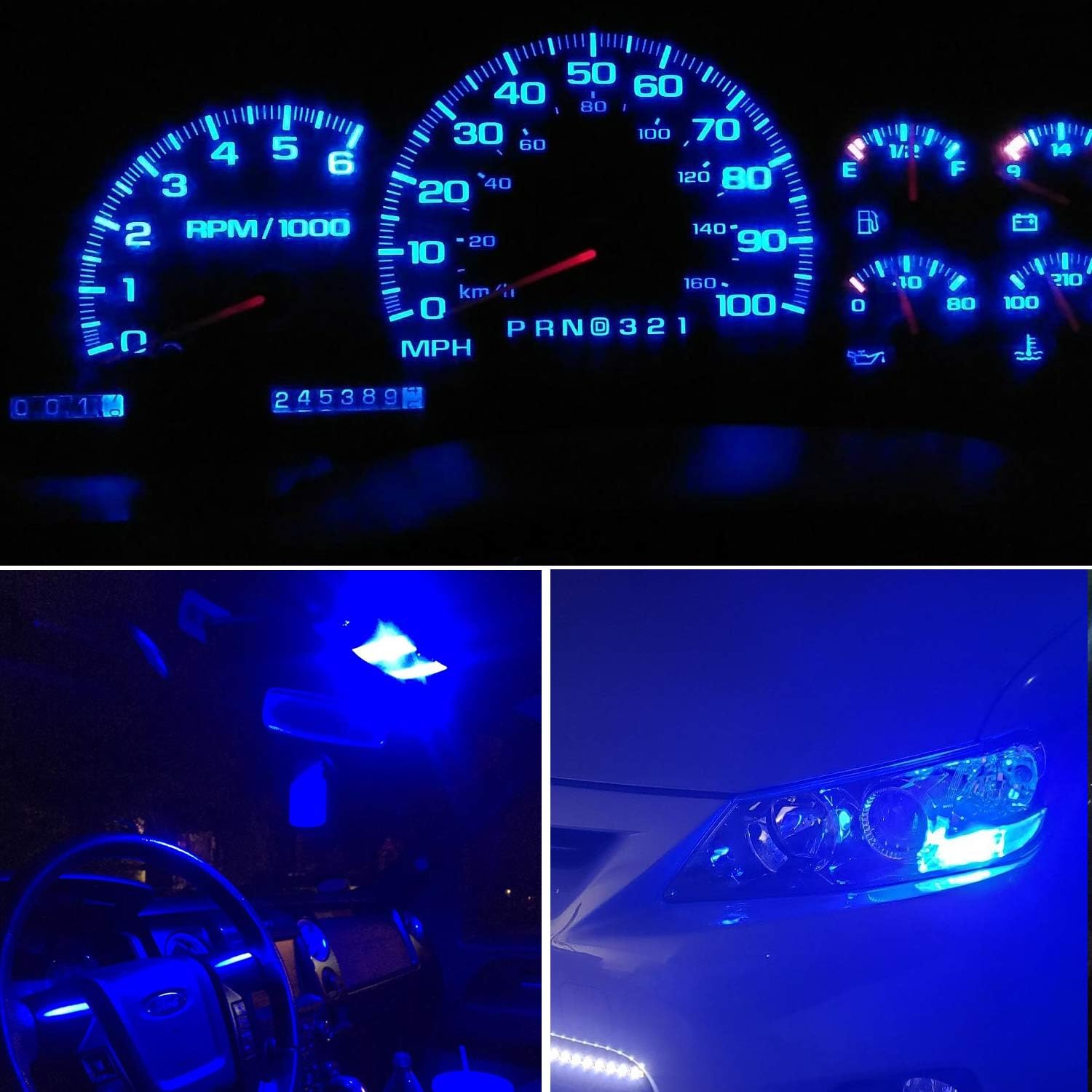 300LM Extremely Bright Canbus Error Free 194 168 2825 W5W T10 LED Bulbs Ultra Blue 9-SMD 2835 LED Chipsets for Dome Map Door Courtesy License Plate Lights (Pack of 4)