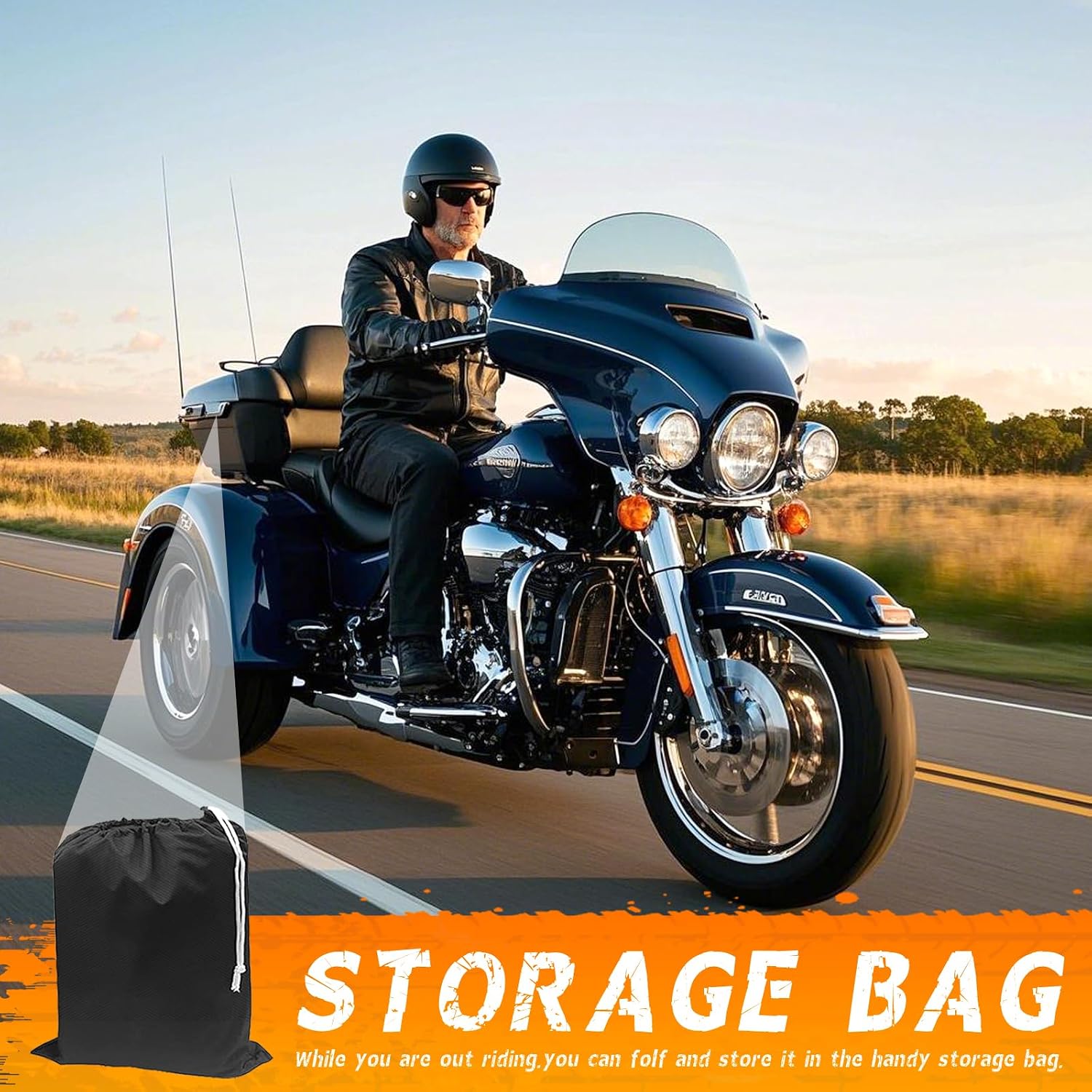 Trike Cover for Harley-Davidson Honda Gold Wing Kawasaki 3 Wheeler Motorcycle Outdoor Waterproof Storage Cover with Antenna Opening Windproof Buckle (Black)