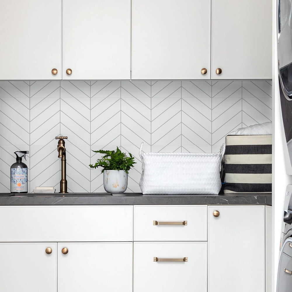STICKGOO Herringbone Peel and Stick Backsplash, White/Grey Grout, 10 Sheets