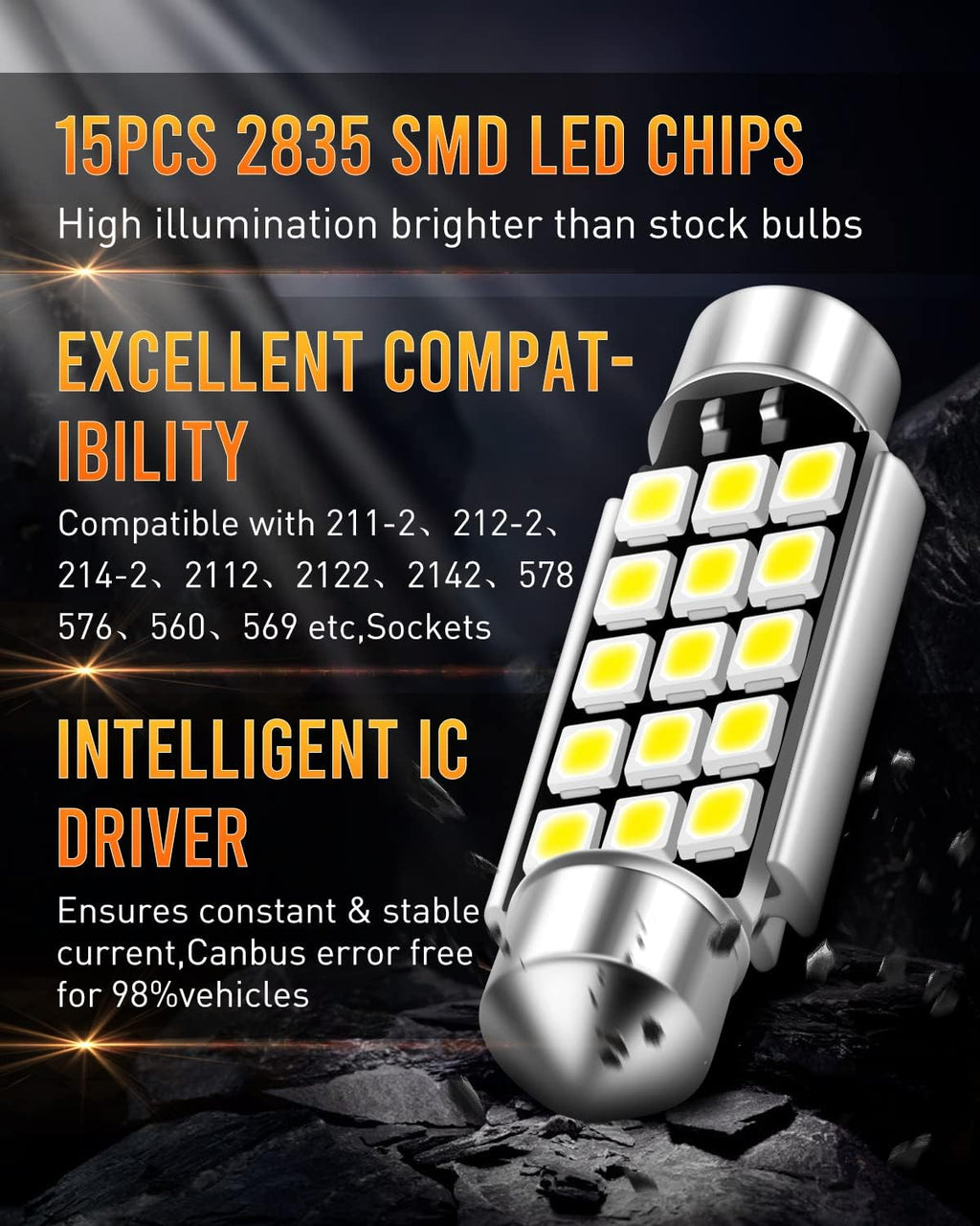 569 578 211-2 212-2 LED Dome Light Bulbs 360 Lumens Super Bright 2835 15-EX Chipsets Used For Dome Interior Map Lights, Xenon White, Pack of 5