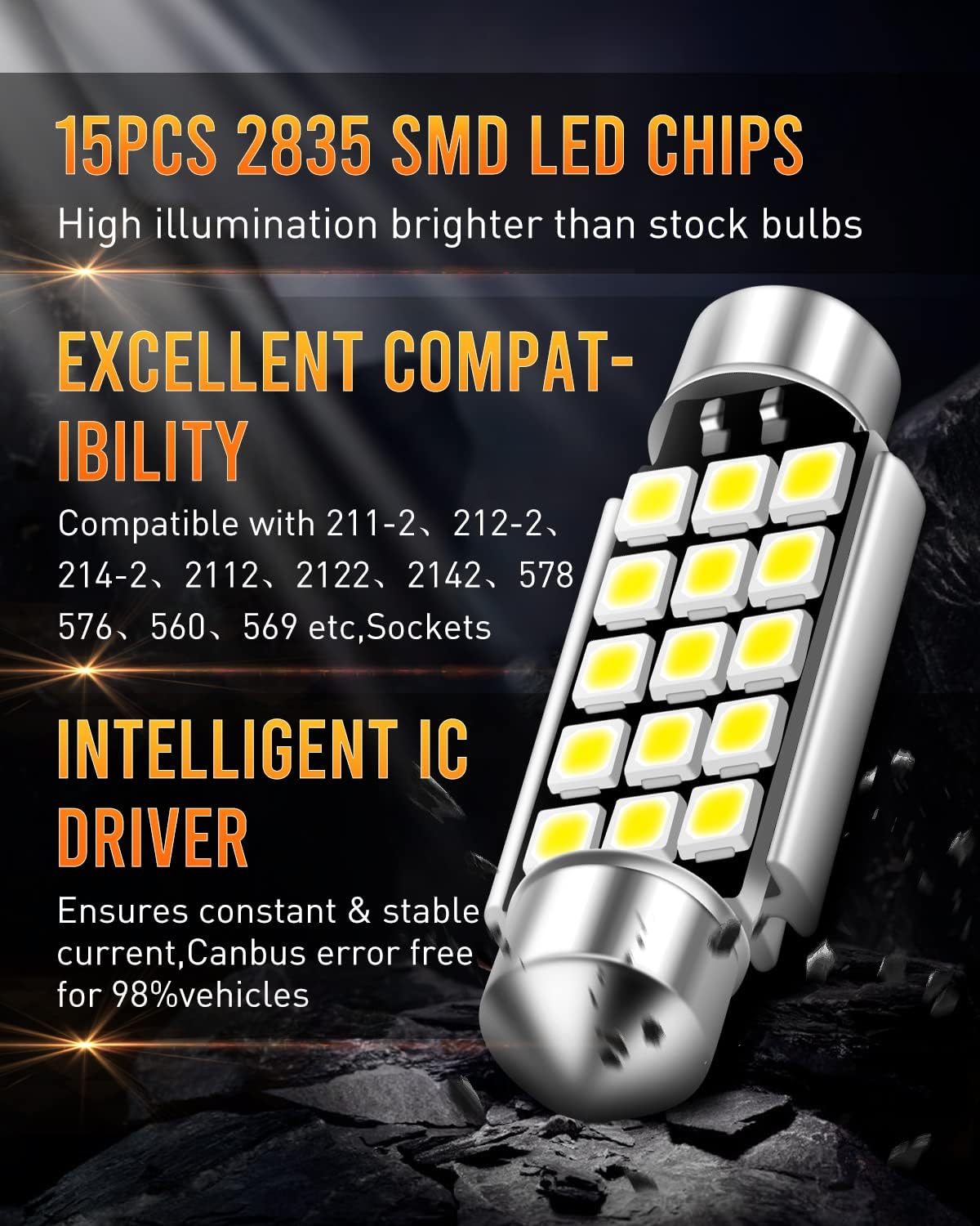 569 578 211-2 212-2 LED Dome Light Bulbs 360 Lumens Super Bright 2835 15-EX Chipsets Used For Dome Interior Map Lights, Xenon White, Pack of 5