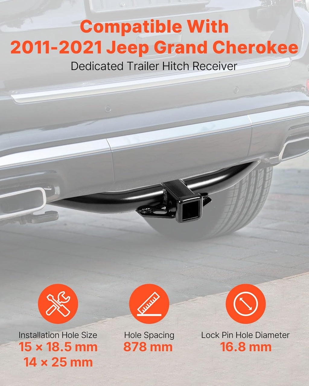 VEVOR Class 3 Trailer Hitch, 2-Inch Receiver, Compatible with 2011-2021 Jeep Grand Cherokee, Q345B Steel Tube Frame, Multi-Fit Hitch to Receive Ball Mount, Cargo Carrier, Bike Rack, Tow Hook, Black