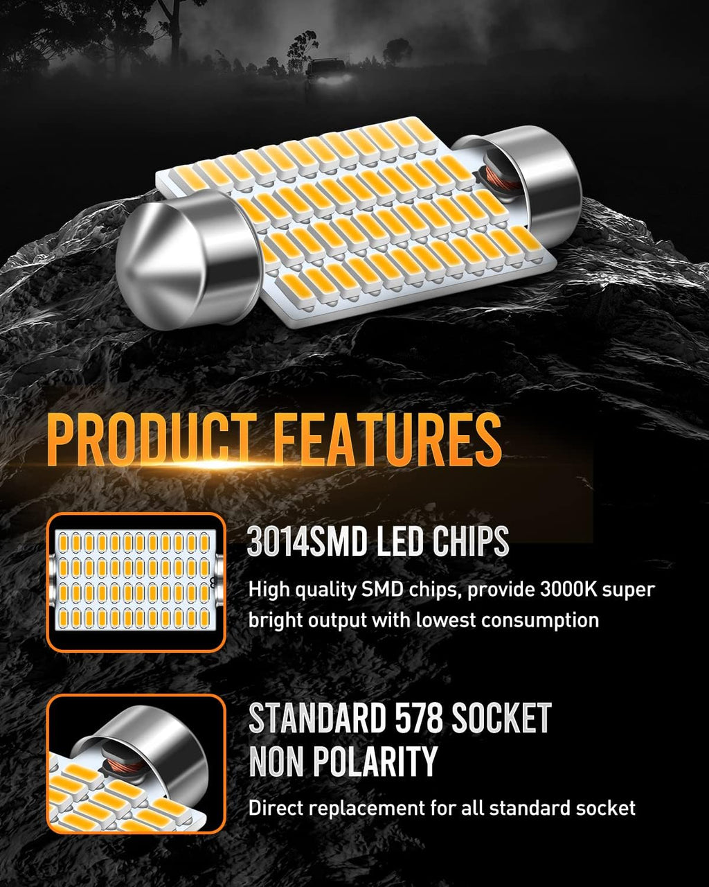569 578 LED Dome Light Bulbs Warm White Non-Polarity Error Free Super Bright 3014 48-EX Chipsets 41mm 1.61" 211-2 212-2 LED Bulbs Used for Interior Dome Light Pack of 2