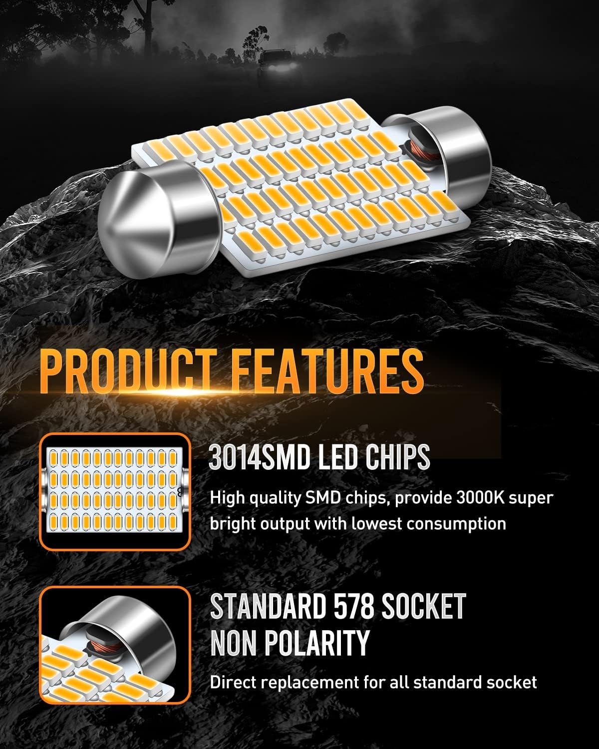 569 578 LED Dome Light Bulbs Warm White Non-Polarity Error Free Super Bright 3014 48-EX Chipsets 41mm 1.61" 211-2 212-2 LED Bulbs Used for Interior Dome Light Pack of 2