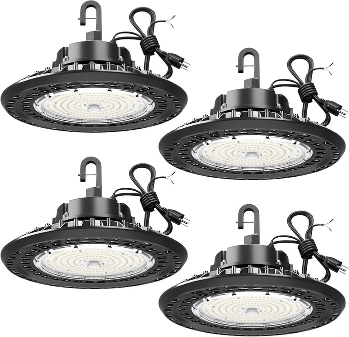 4 Packs 300W High Bay LED Lights, High Bay Led Shop Lights for Warehouse Barn Factory, 5000K Daylight, 100-277V, Dimmable 0-10V, Waterproof, Commercial Bay Lighting, Super Bright, UL,Black