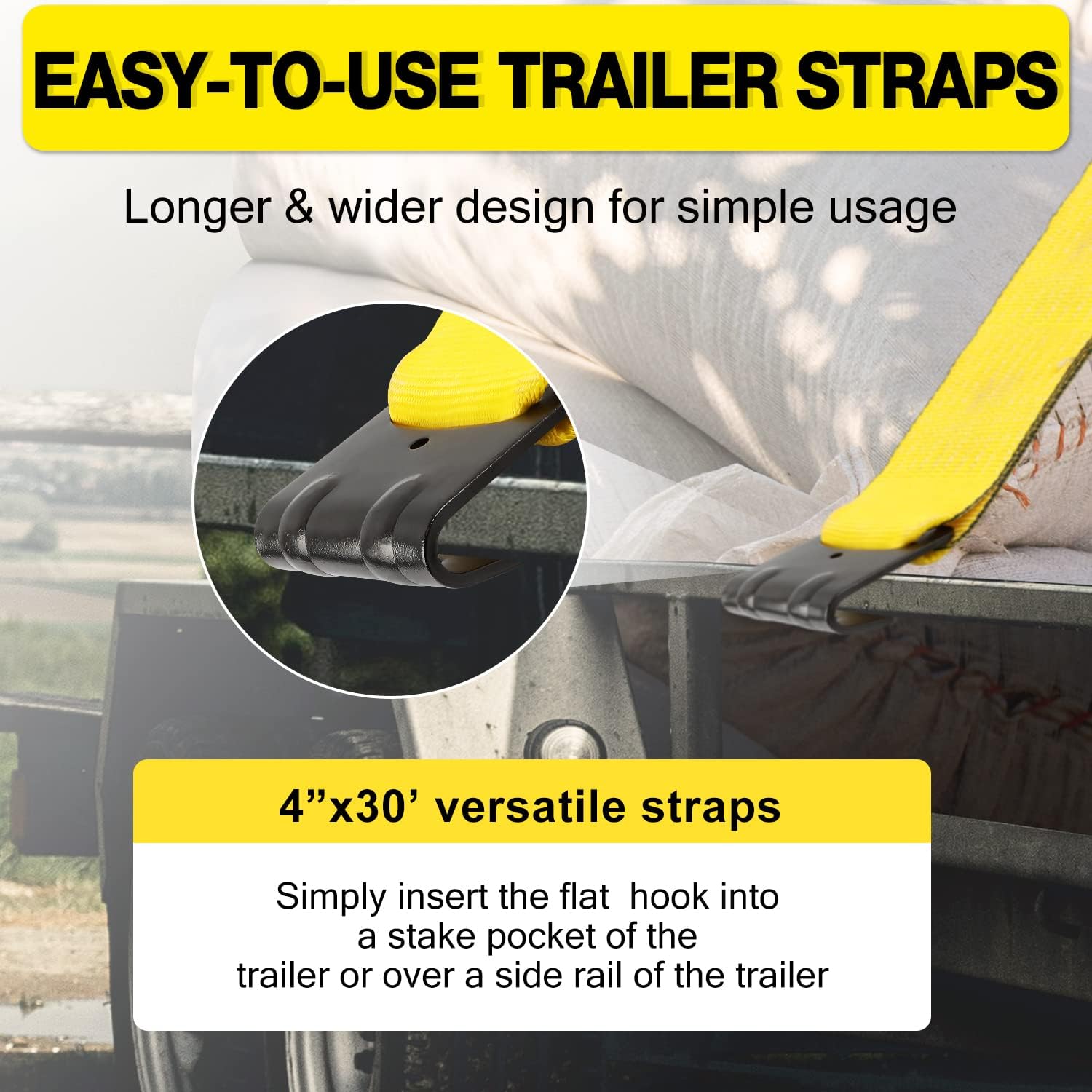 4" x30' Winch Straps with Flat Hook Flatbed Tie Downs Truck Straps 16200 lbs Load Capacity Cargo Control for Flatbeds, Trucks, Trailers, Farms, Rescues, Tree Saver, Yellow(2 Pack)