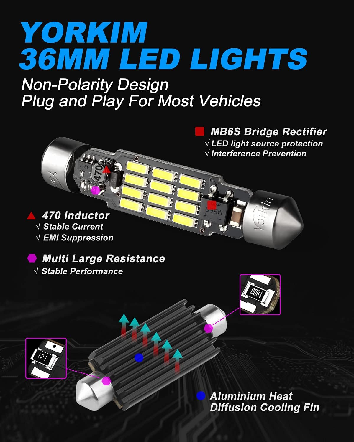 Yorkim 6418 LED Bulb, 36mm LED 6500K White Super Bright Interior Lights 12-SMD 4014 Chipsets, Festoon LED 36mm 37mm 38mm, DE3021 C5W Bulb White, Pack of 2