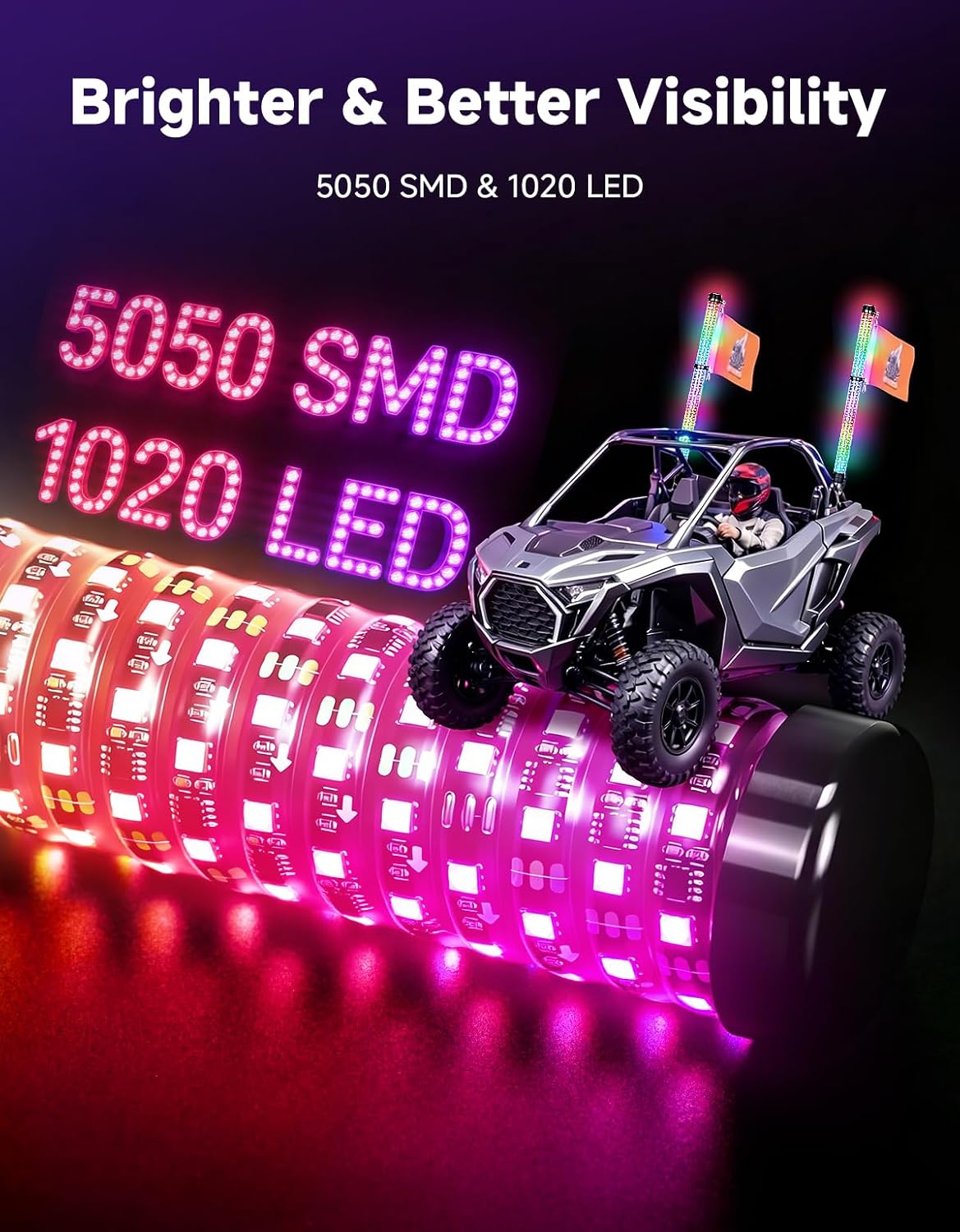 KEMIMOTO 2pc 3ft Fat Whip Lights for Side by Side, Turning Signal Function Compatible with Polaris RZR Can-Am Maverick X3, LED Whip Lights for UTV ATV Buggy Boat Offroad