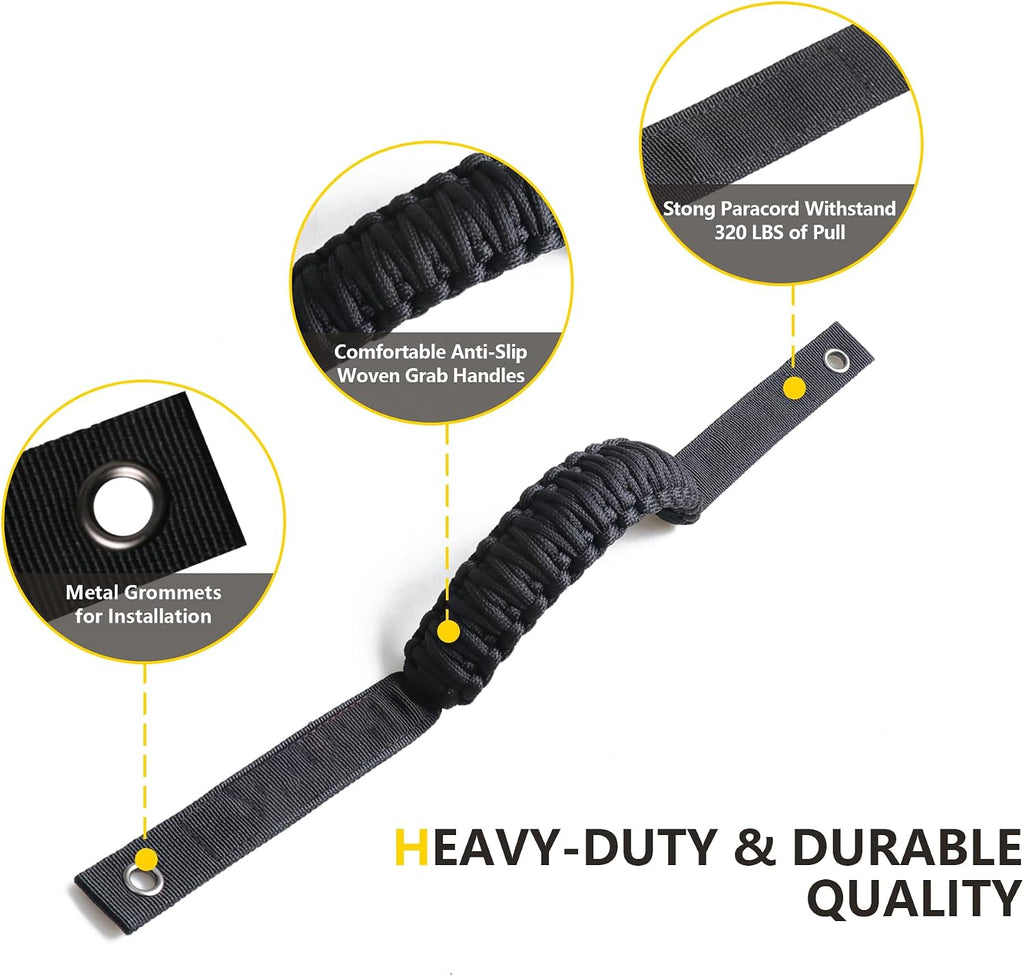 Front Rear Door Roll Bar Grab Handles Compatible with 2024 2025 Jeep Wrangler JL 4 Door 4XE Gladiator JT Interior Accessories Paracord Grip Handle, Keep Airbag Function, 4 Pack Black Classic