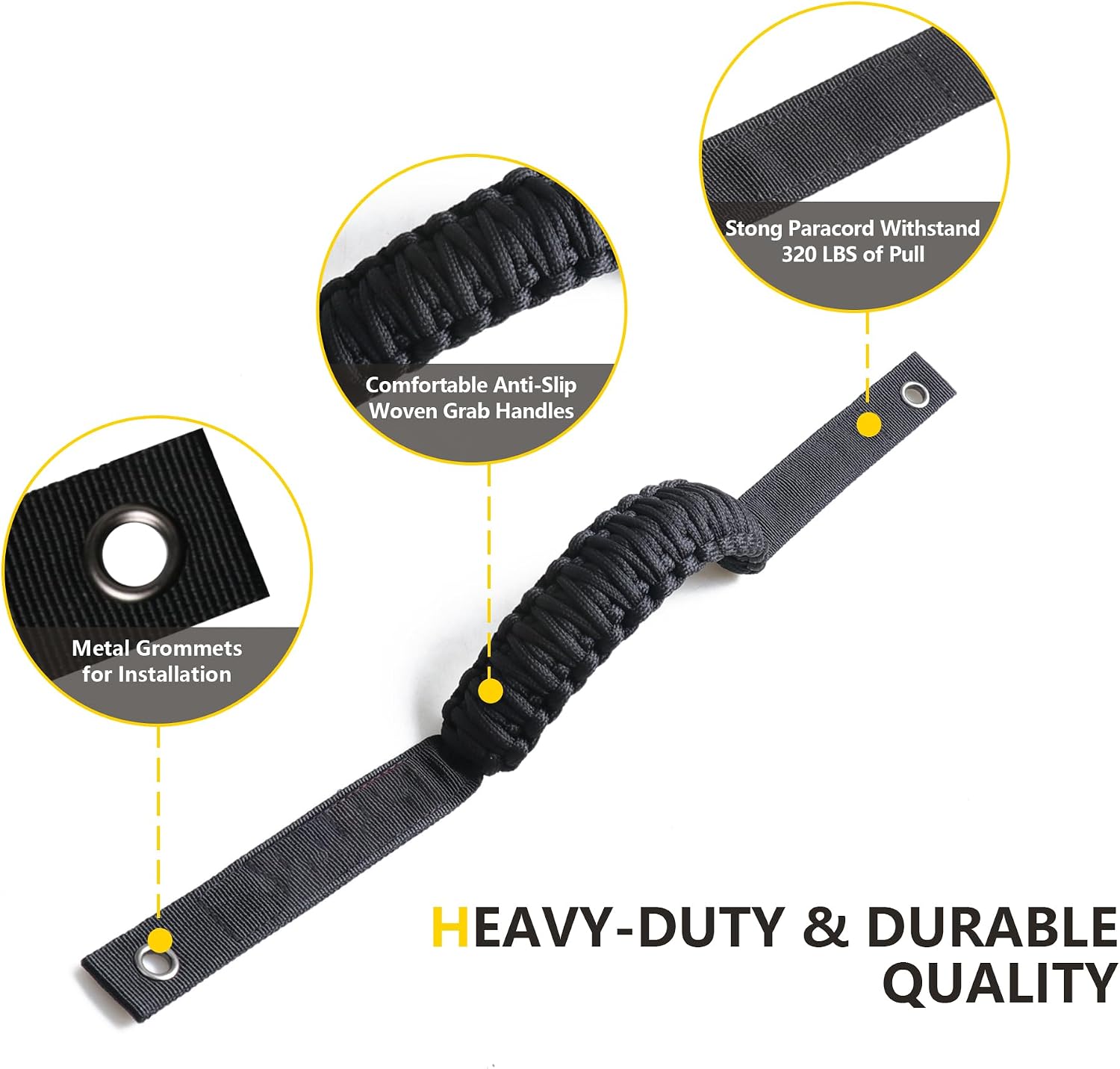 Front Rear Door Roll Bar Grab Handles Compatible with 2024 2025 Jeep Wrangler JL 4 Door 4XE Gladiator JT Interior Accessories Paracord Grip Handle, Keep Airbag Function, 4 Pack Black Classic