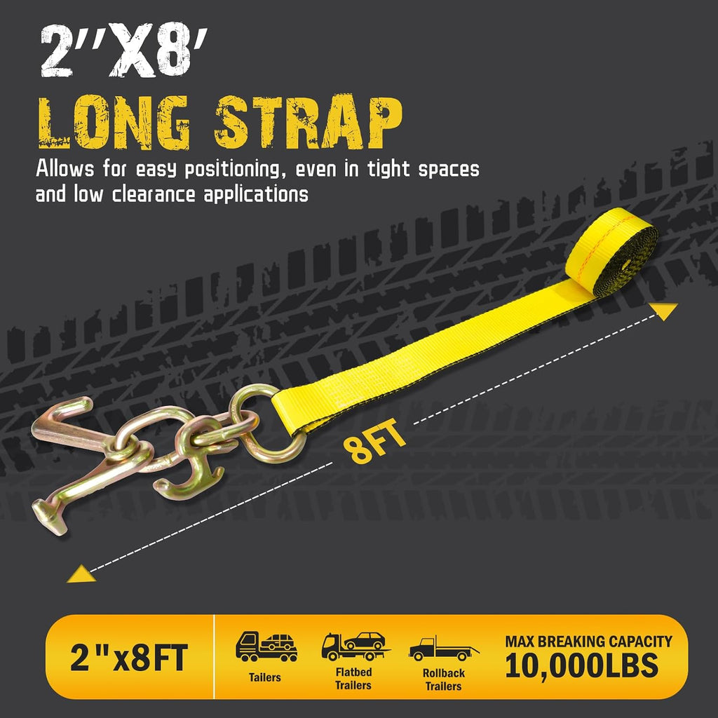 4PCs 2" x8' Recovery Winch Strap w/RTJ Cluster Hook, 10000LBS Tow Truck Car Wrecker Winch Tie Down Straps, Heavy Duty Autohauler Car Tie Down Straps