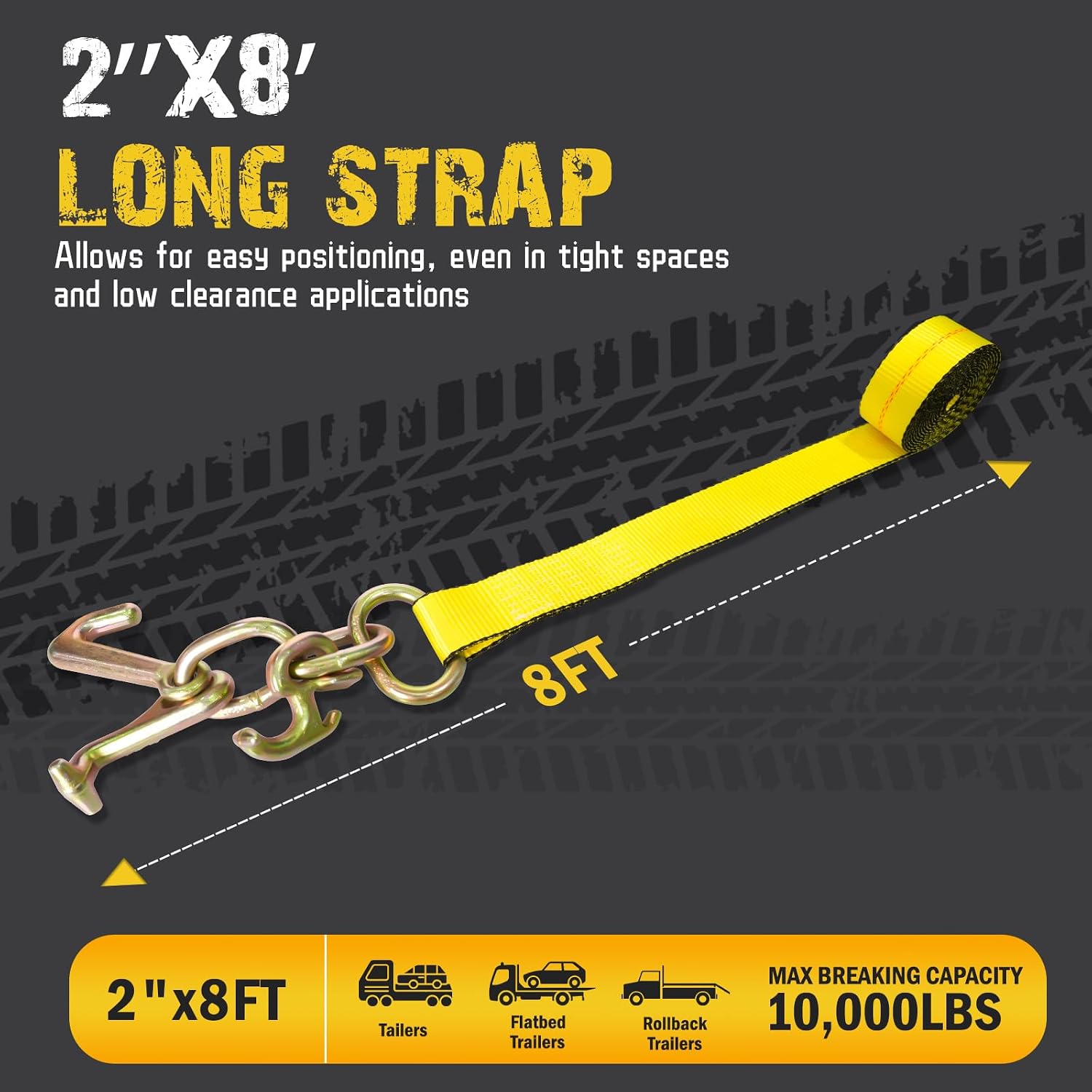 4PCs 2" x8' Recovery Winch Strap w/RTJ Cluster Hook, 10000LBS Tow Truck Car Wrecker Winch Tie Down Straps, Heavy Duty Autohauler Car Tie Down Straps