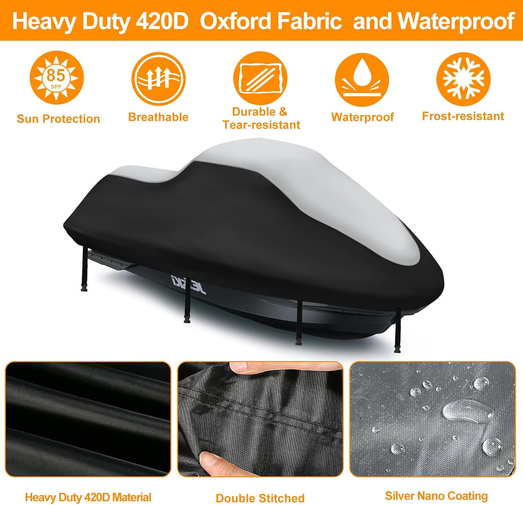 Jet Ski Cover 3 Seater,Upgraded 420D Heavy Duty Waterproof Waverunner Cover,2 Air Vent Marine Grade UV Resistant for Waverunner Polaris from 116" to 125"(Silver Black)