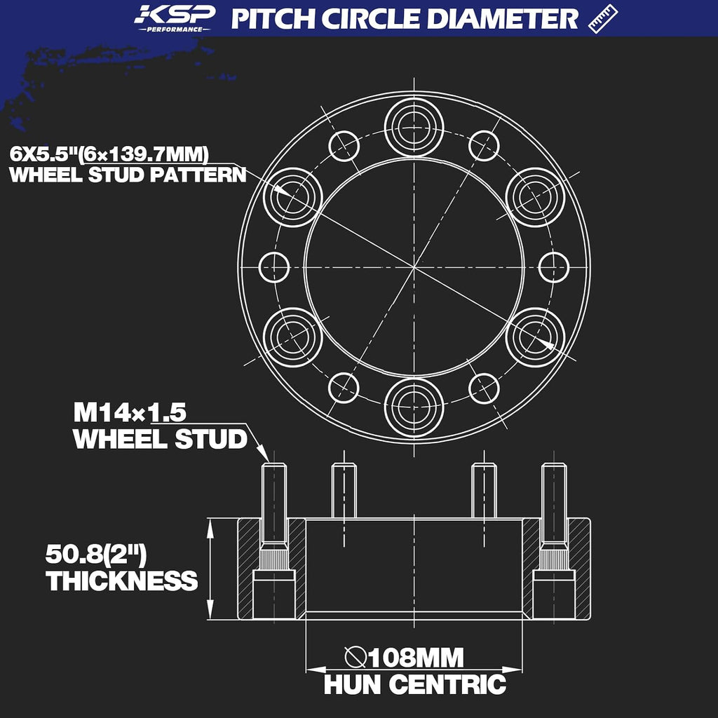 KSP 6x5.5 Wheel Spacers for Chevy Silverado GMC Sierra, 2inch 6x139.7mm Lug Centric Spacer for Ram 1500 Escalade Yukon XL, 50mm Wheel Adapter 108mm Hub Bore with M14x1.5 Studs Black 4PCS