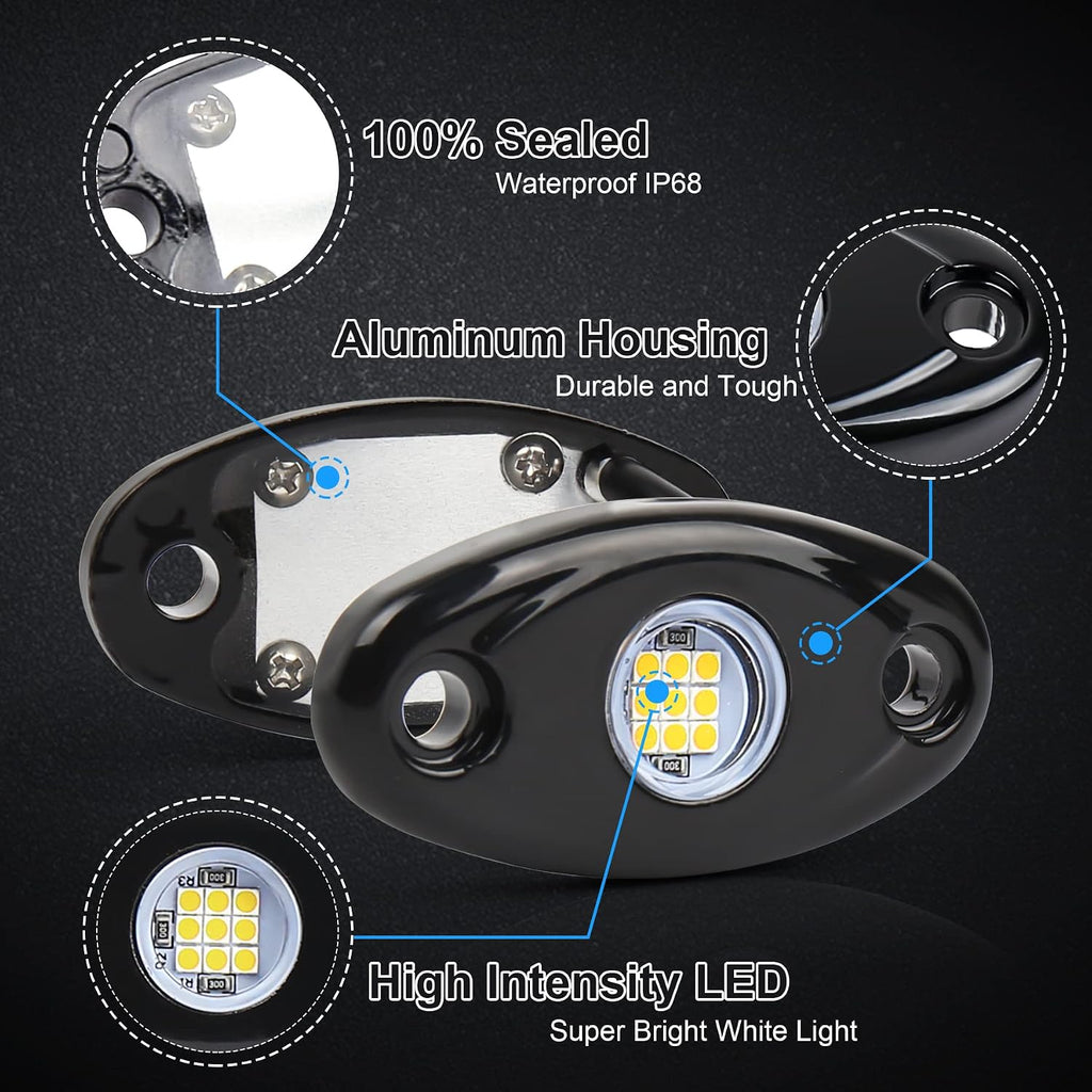 White LED Rock Lights, POVTOR 2 Pods Underglow LED Rock Light Kit Waterproof IP68 Under Body Wheel Well Lights Compatible with Truck Pickups Cars ATV UTV SUV Motorcycle Boat