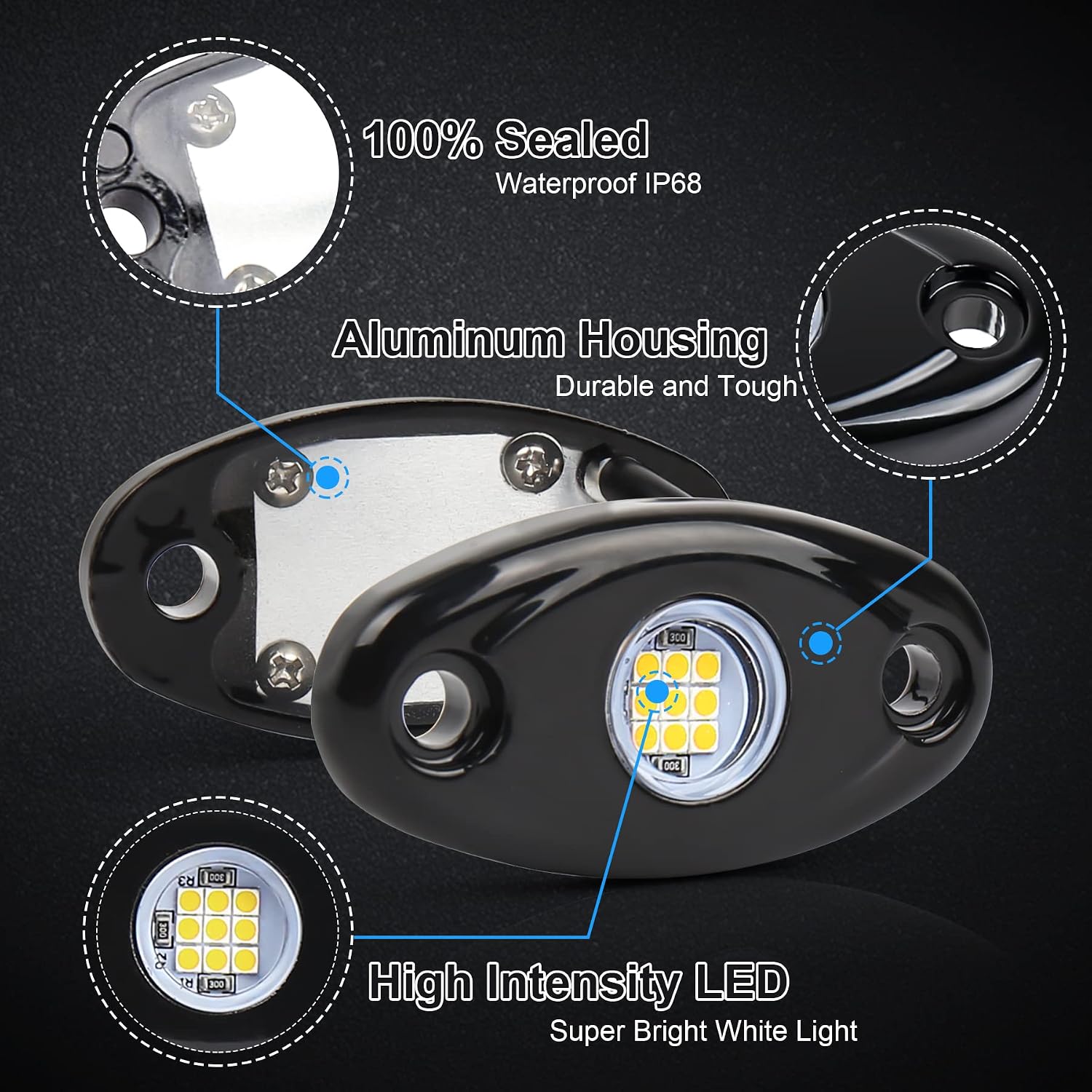 White LED Rock Lights, POVTOR 2 Pods Underglow LED Rock Light Kit Waterproof IP68 Under Body Wheel Well Lights Compatible with Truck Pickups Cars ATV UTV SUV Motorcycle Boat