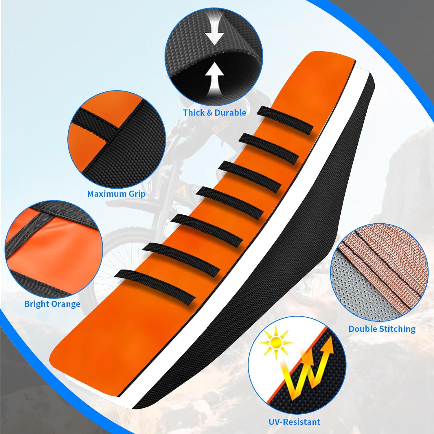 Dirt Bike Seat Cover Compatible with Tuttio, Motorcycle Universal Seat Cover, Soft Ribbed Covers, Non-Slip Rubber with Black Stripe, Easy to Install, for Dirt Bike and Motocross (Orange)