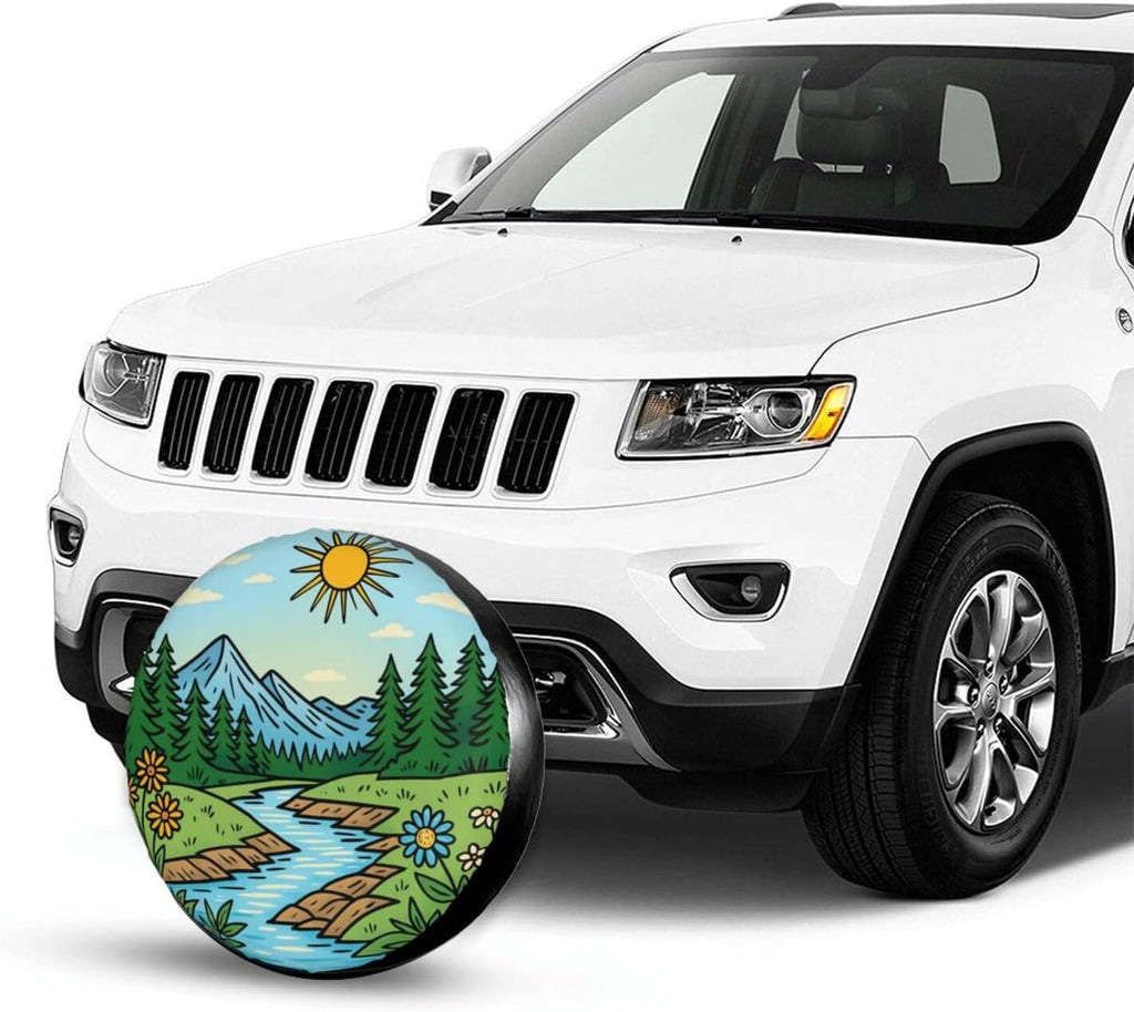 Scenic Mountain River Views Spare Tire Cover Universal for Rv Suvs Trucks Camper Travel Trailers, Funny Waterproof Polyester Wheel Protector Covers,15 inch