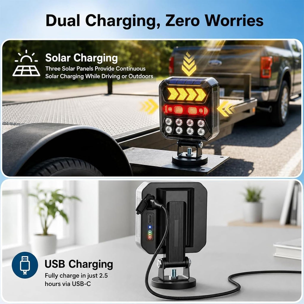 wireless trailer lights, solar rechargeable magnetic tow lights, close-up detail