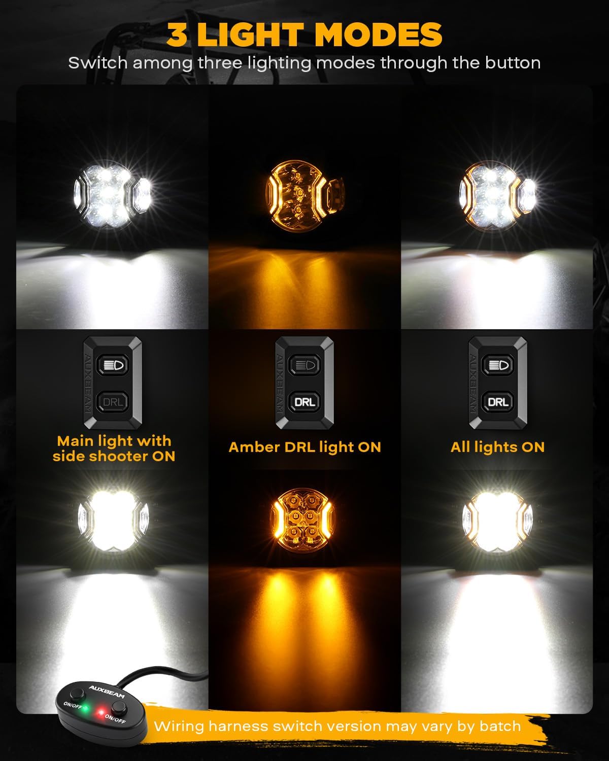auxbeam v-ultra series 3-inch round led pods amber, side view