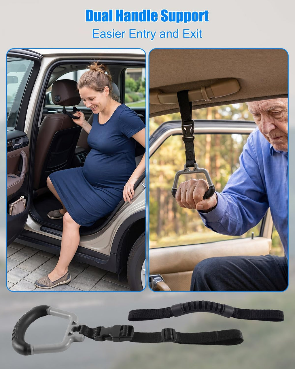 2-in-1 Car Assist Handle Kit, Vehicle Support Grab Bar for Getting in and Out of Car, Adjustable Overhead and Backseat Support Bar with Rubber Grip