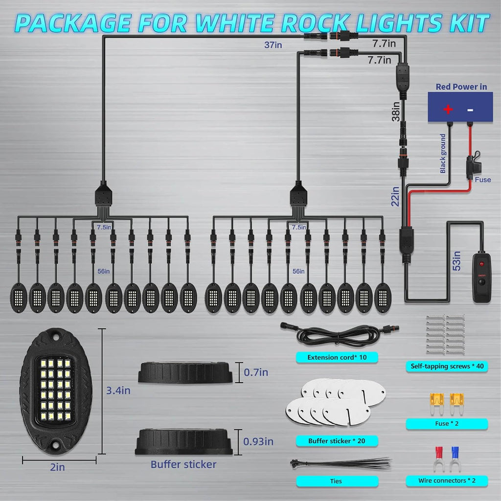 20Pods Metal All Pure White LED Rock Lights Full Kit Plug and Play&Pre Wired 6500K with Switch Wiring Harness Extension Fuse, 480Chip Aluminum Waterproof Underglow 12V for Semi Truck Pickup Offroad