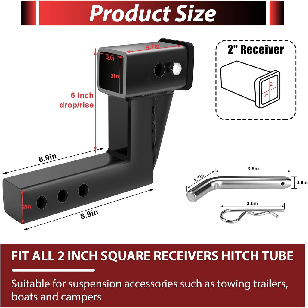 2 Inch Trailer Hitch Receiver Extension with 6 inch Rise/Drop Compatible with All Standard 2" Hitch Receivers Trailer Hitch Riser Extender with Pin and Clip by Fetechmate