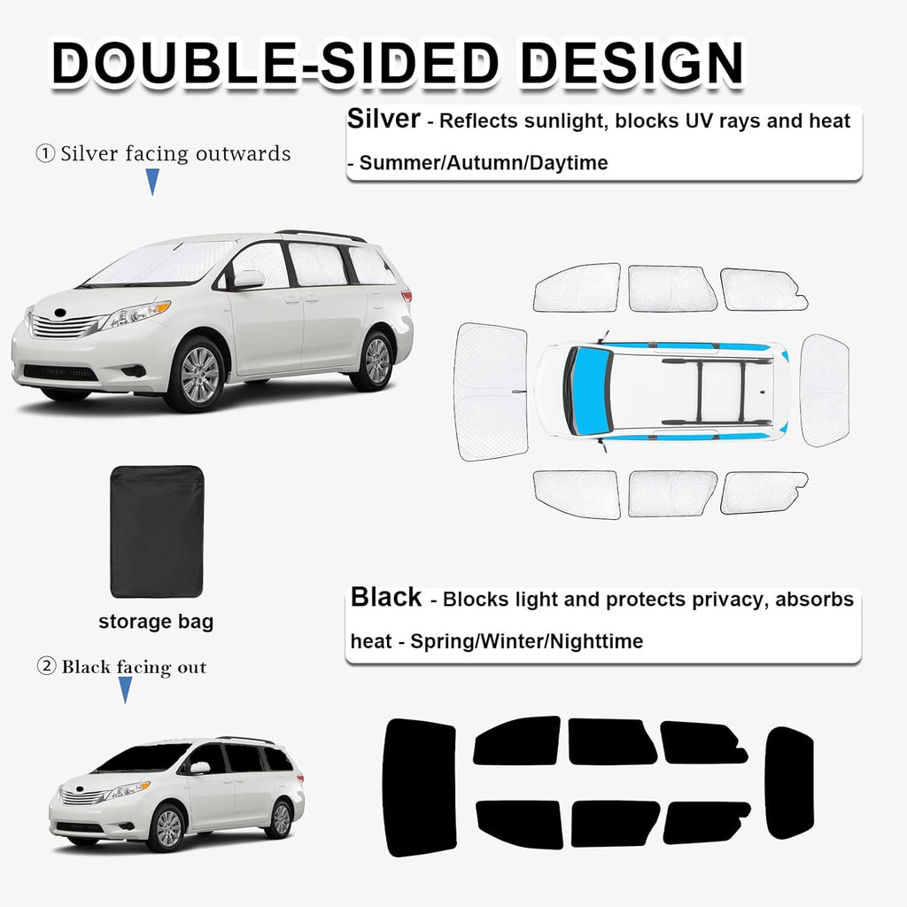 KMF 8pcs Full Sun Shades Custom for Toyota Sienna 2013-2018 Accessories, Sienna Sunshade Car Window Covers for Windshield Side Rear, Sun Visor UV Block and Blackout Privacy for Camping Outdoor