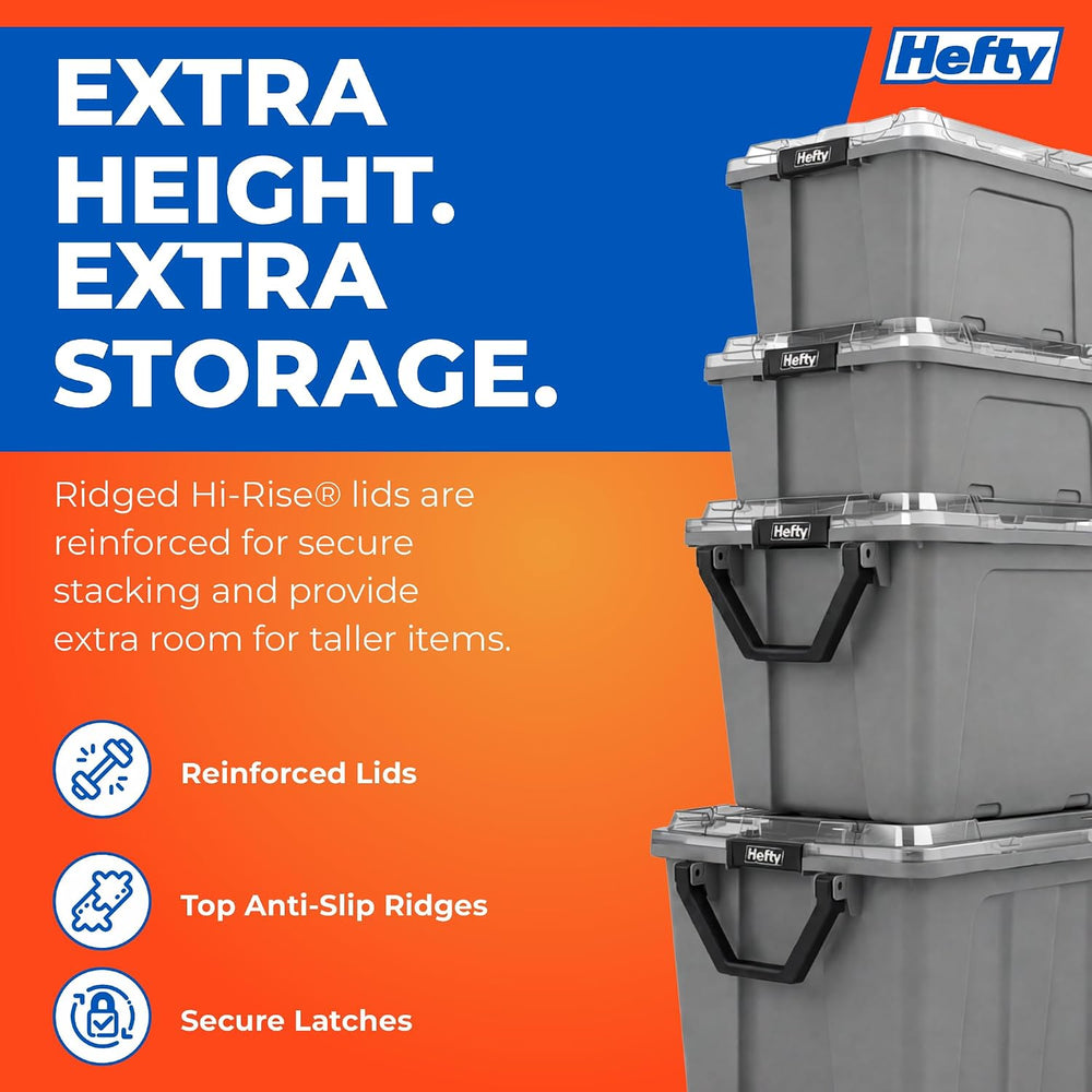 Hefty MAX Pro 12 Gal Storage Bins with Clear Lids, Stackable, 6 Pack, Grey