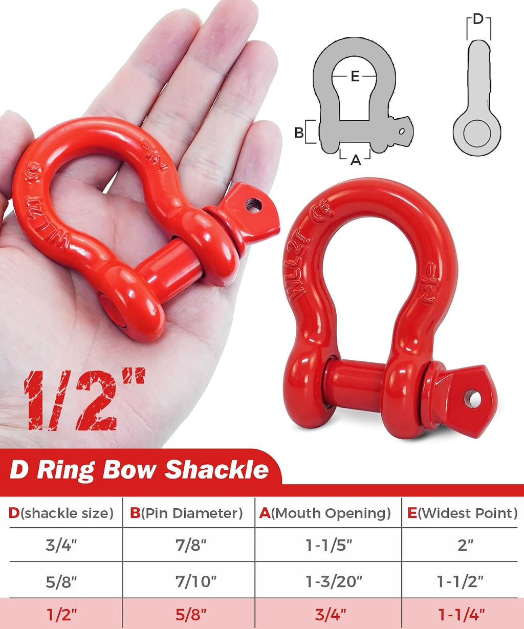 2 Pack Red D Ring Recovery Shackles 1/2" with 9/16" Screw Pin, 26,400 lbs Break Strength Heavy Duty Tow Shackles for Winch, Off Road Jeep, Truck, SUV, ATV, UTV