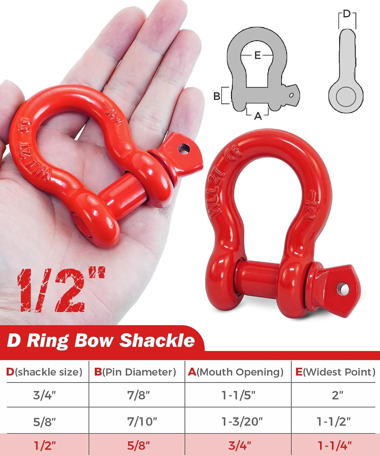 2 Pack Red D Ring Recovery Shackles 1/2" with 9/16" Screw Pin, 26,400 lbs Break Strength Heavy Duty Tow Shackles for Winch, Off Road Jeep, Truck, SUV, ATV, UTV