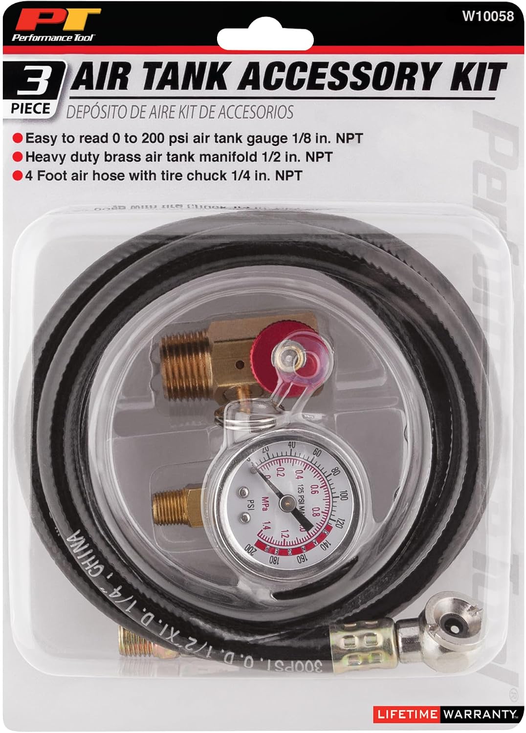 Performance Tool W10058 Air Tank Repair Kit w/Safety Valve, Pressure Gauge and 4 Feet Air Tank Hose Assembly kit for Portable Carry Tank