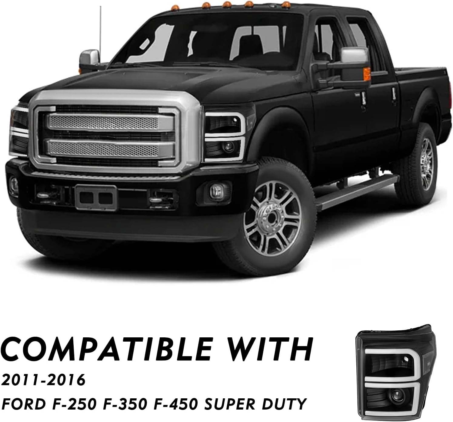 TUSDAR LED Projector Headlight Assembly Set with Bulbs for 2011 2012 2013 2014 2015 2016 Ford F250 F350 F450 F550 Driver and Passenger Side (Black Housing with Clear Reflector)