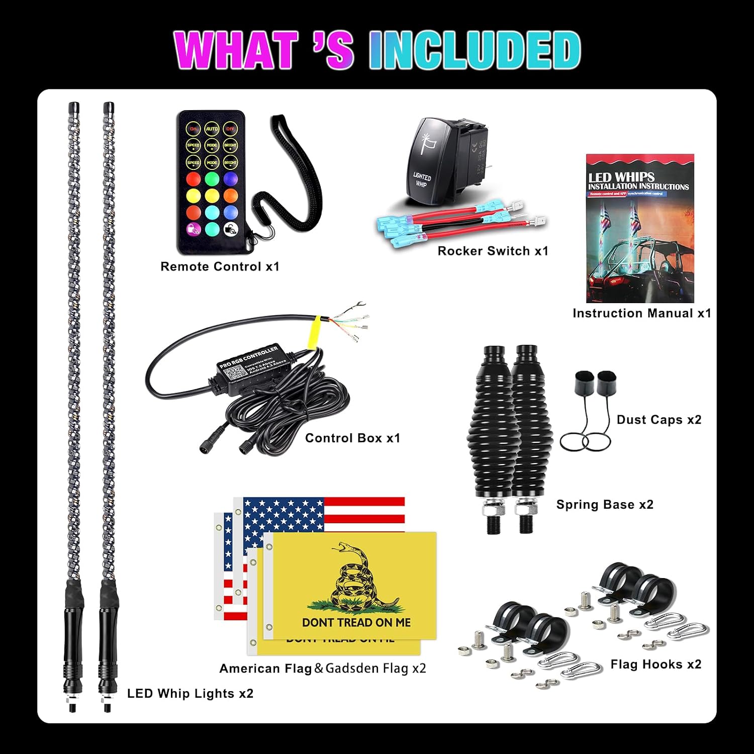 2PCS 3FT LED Whip Lights for UTV/ATV, APP & Remote Control, Chasing Color Modes, Waterproof Off-Road Light for Can-Am, Polaris RZR, Dune Buggies, Spring Base Included