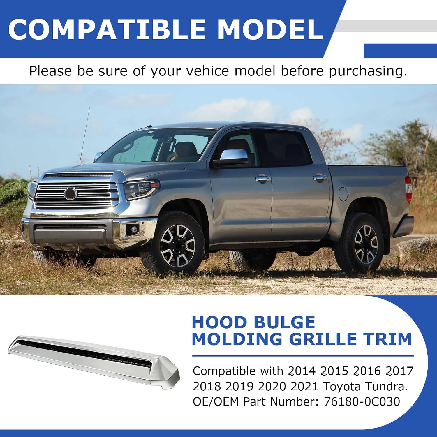 Front Upper Hood Bulge Molding Grille Trim Compatible with 2014-2021 Toyota Tundra Hood Scoop Molding Grill Trim Replacement for 76180-0C030 (Chrome)