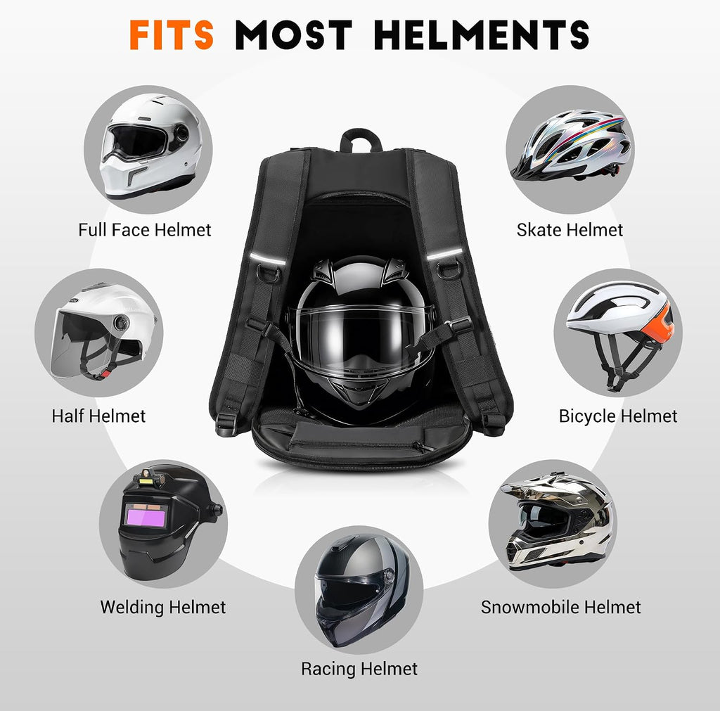 Motorcycle Backpack, Waterproof Helmet Backpack with Reflective Strips & Reflective Flag, 40L Large Bag with Laptop Pocket, Perfect for Travel, Daily Commute, Office Trips & Outdoor Riding