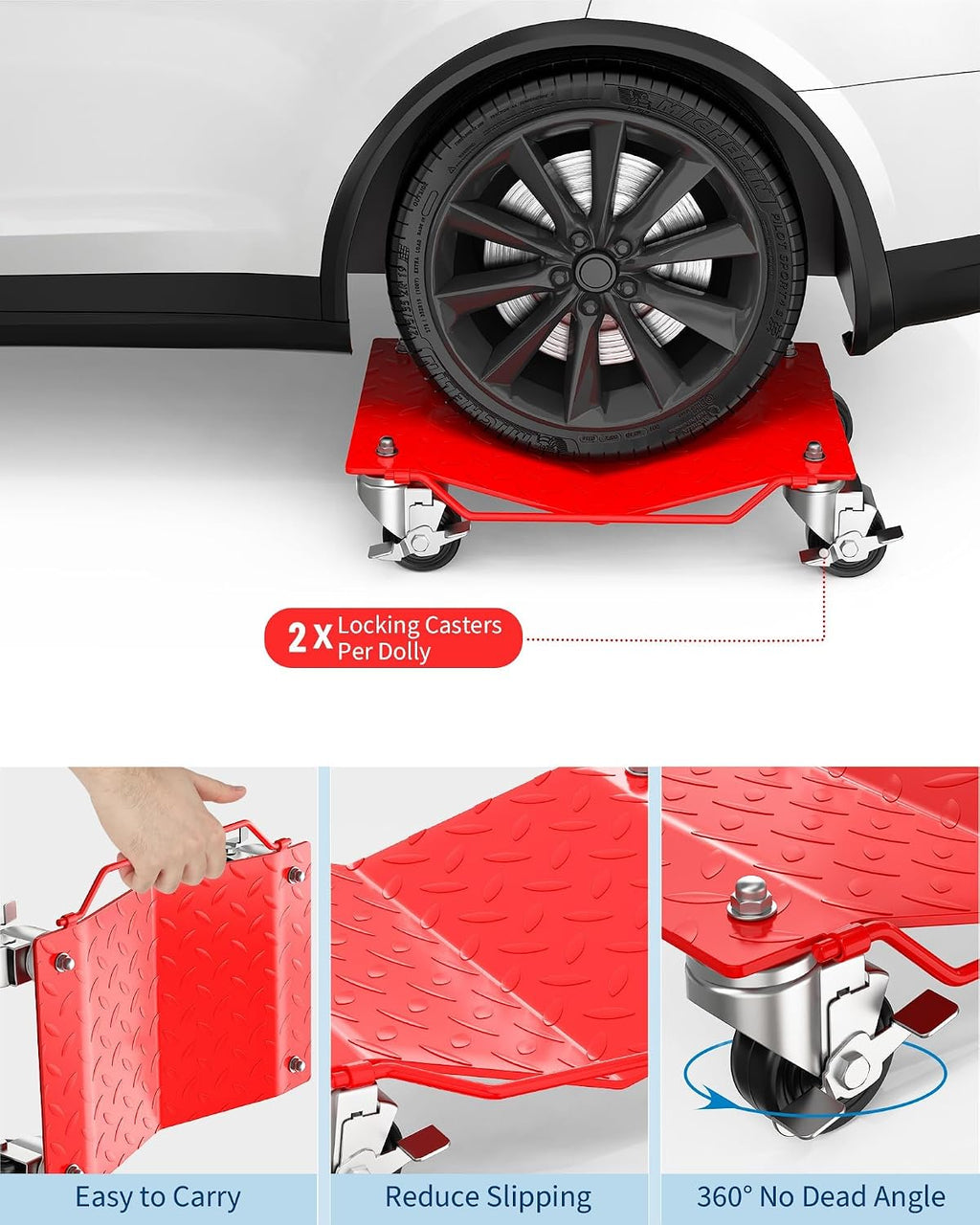 2 Pack 3000lbs Car Wheel Dolly with Brakes, Heavy Duty Vehicle Skates for Effortless Moving of Cars, Trucks, Trailers, Motorcycles, Garage Tools, Red