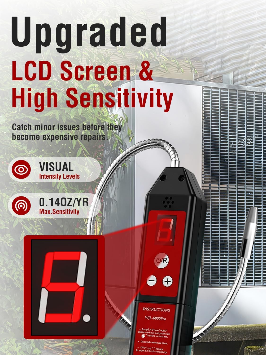 wjl-6000pro refrigerant leak detector with uv & led showing dimensions