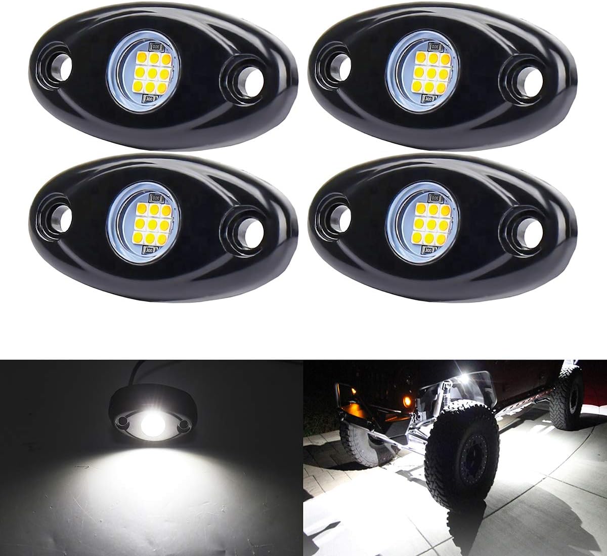 White LED Rock Lights, 4 Pods Neon 12V Waterproof Underglow Underbody Kit Crawler Crawling Dome Exterior Wheel Lights for ATV RZR UTV SUV Off-Road Auto Boat Motorcycle Glow Trail Rig Fender Lamp