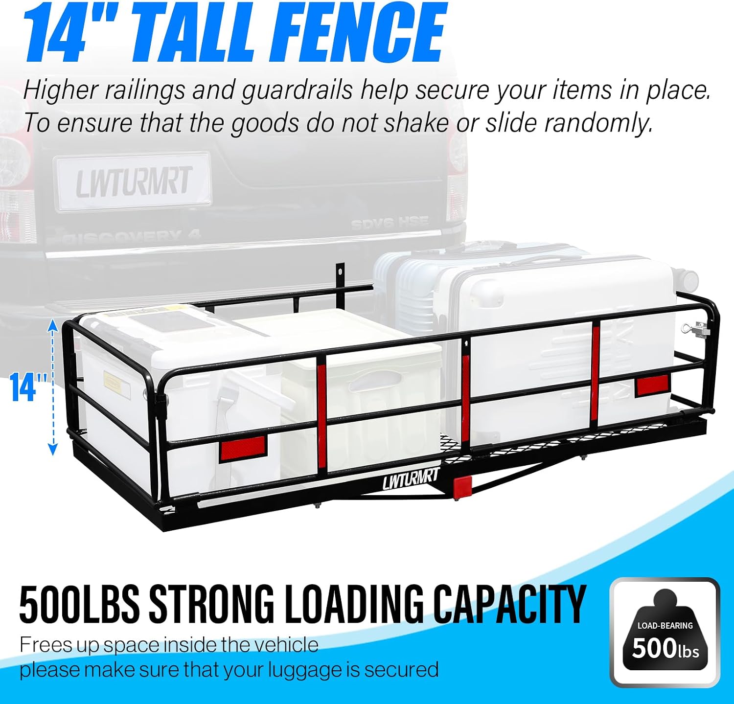 LWTURMRT Trail Hitch Mount Cargo Carrier Basket 58" x 24" x 14" Folding Vehicle Cargo Baskets Fits 2" Receiver with 2" Hitch Stabilizer for SUV can Holder 500LBS (14" high Black+Bag)