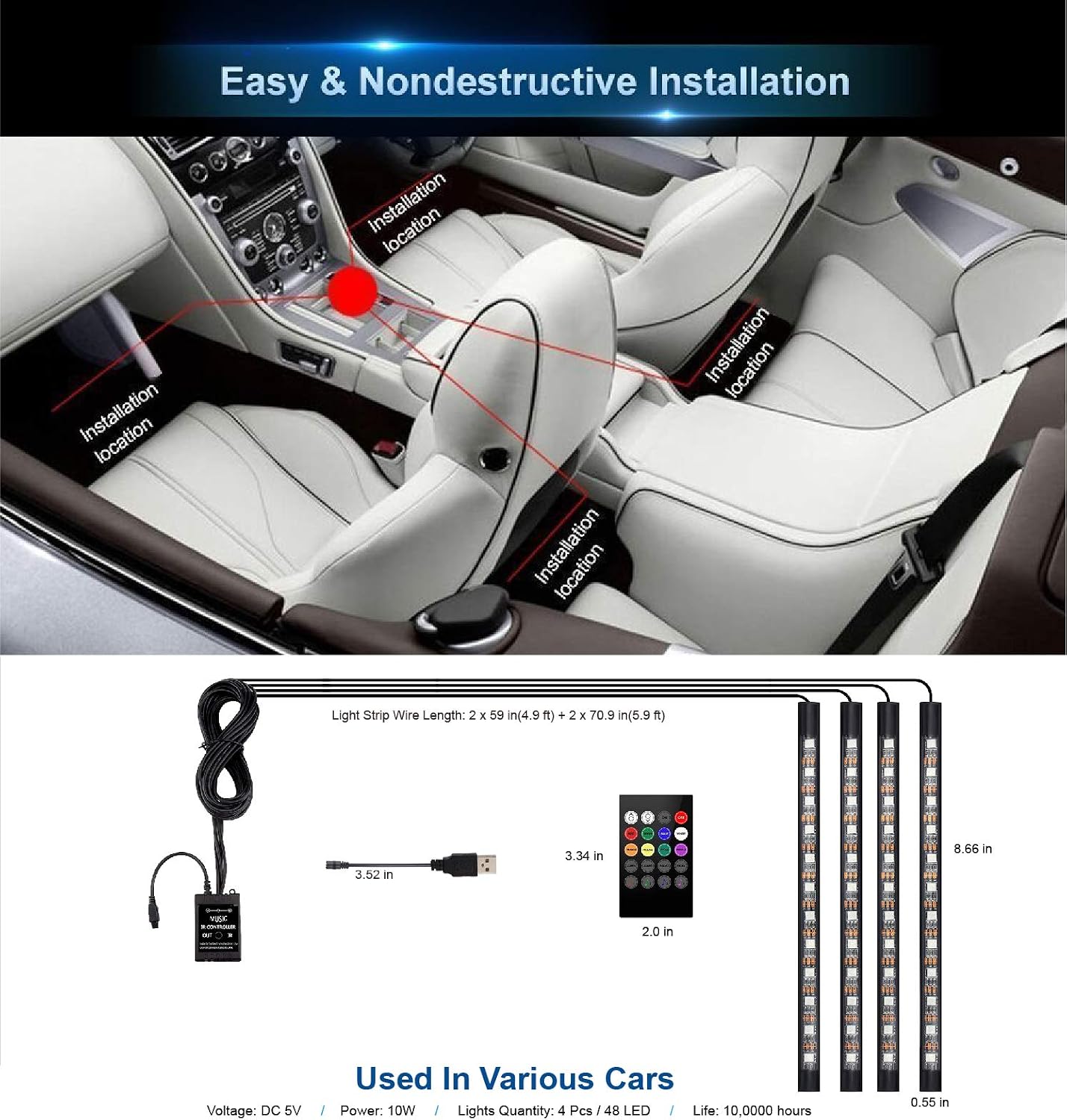 Led Interior Car Lights, Controller Led Lights for Cars, Multicolor Music Underglow Lighting Kits with Wireless Control and Sound Active Function, 4pcs 48 USB LED Interior Lights, DC 5V