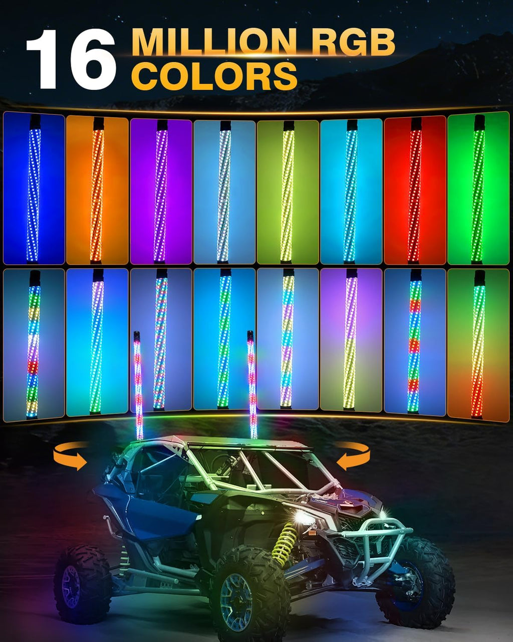 Auxbeam 2PCS 2.3FT RGB Whip Lights w/Bluetooth APP+Remote & Auxbeam 4-Pod RGB LED Rock Lights w/Brake Mode 217°Dual-Side Lighting Underglow Kit w/Bluetooth APP & Remote