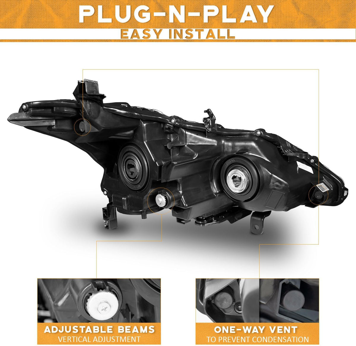 weelmoto halogen headlights assembly for 2013-2015 nissan altima showing dimensions