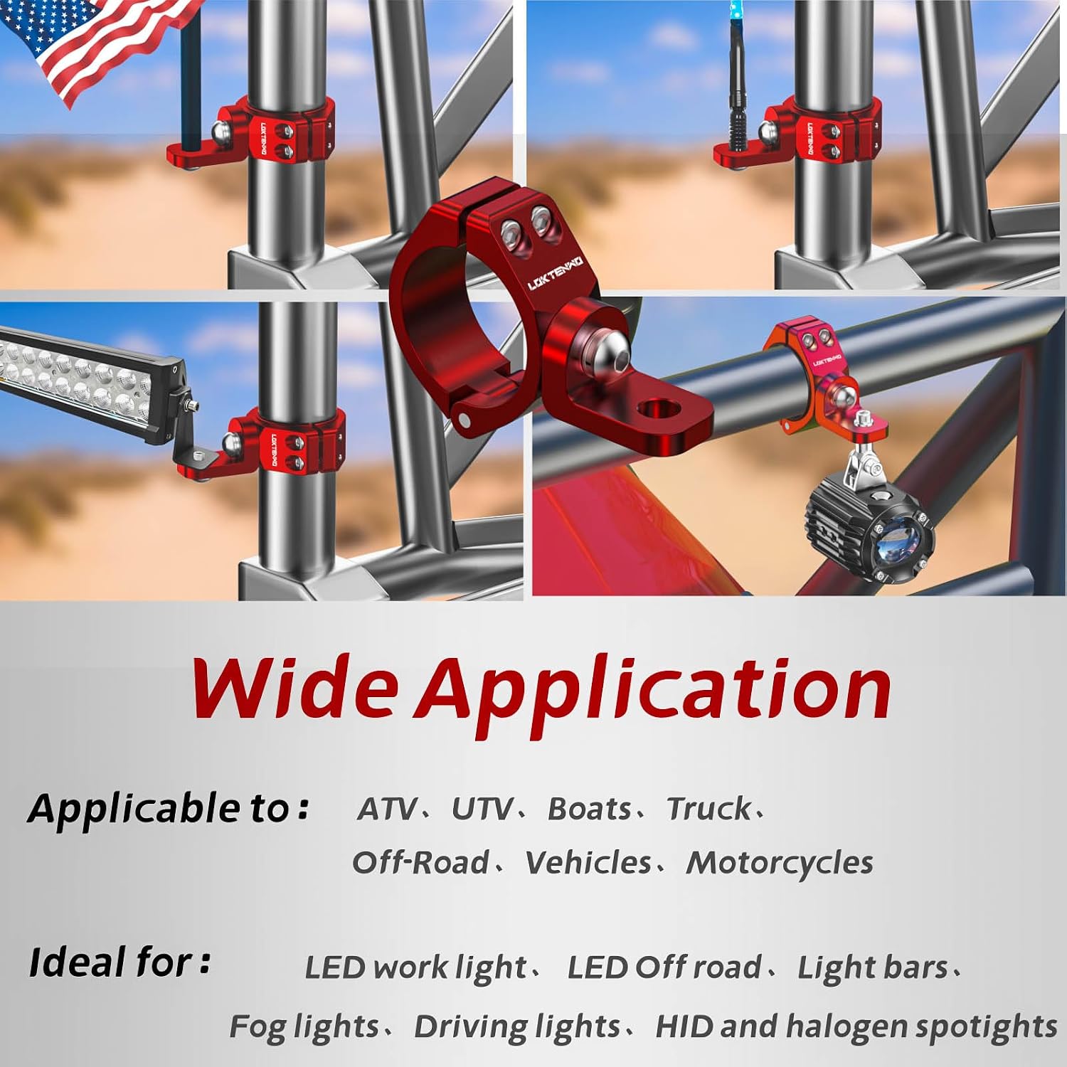 LOKTENWO 2 PCS Solid Heavy Whip Light Mount 360°Adjustable Light Bar Mounting Bracket, Aluminum Alloy Roll Bar Whip Flag Mounts for UTV Fit 1.5''/1.75''/1.85''/2''/2.1'' Roll Cage